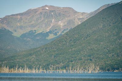 Scenic view of sea and mountains against sky