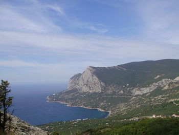 Scenic view of sea and mountains against blue sky