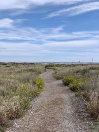 Scenic view of trail through grass and sand dunes against sky