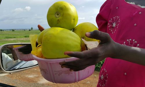 Midsection of woman selling fruit