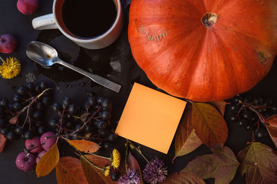 High angle view of orange pumpkin on table