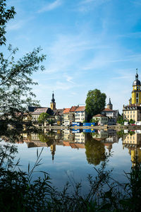 Reflection of buildings and trees in river against sky