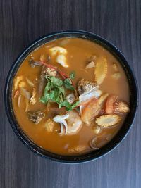 High angle view of soup in bowl on table
