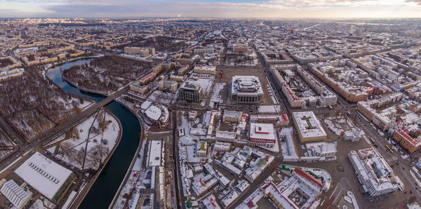 Aerial view of city buildings during winter