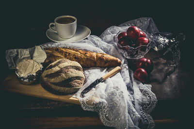 High angle view of breakfast served on table