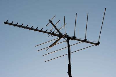 Low angle view of antenna against clear sky