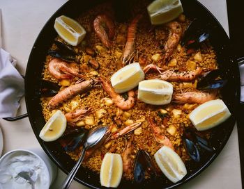 High angle view of food in plate on table