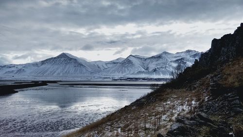 Scenic view of snowcapped mountains against sky