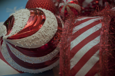 Close-up of christmas decorations on table