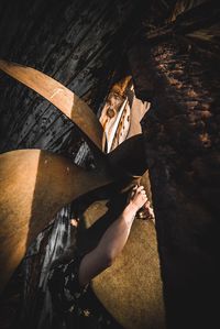 High angle view of man working on wood