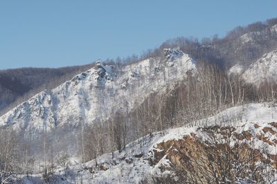 Scenic view of mountains against clear sky during winter