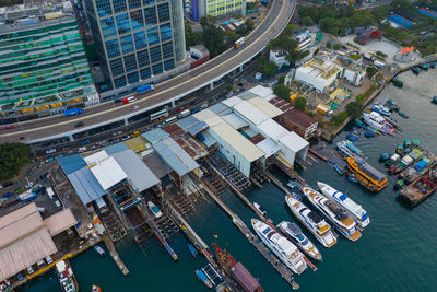 High angle view of cityscape by sea