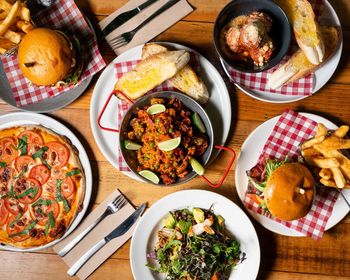 High angle view of meal served on table