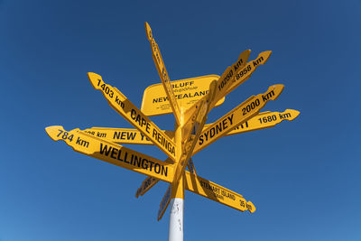 Low angle view of information sign against clear blue sky