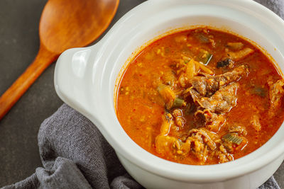 High angle view of soup in bowl