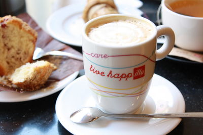 Close-up of coffee cup on table