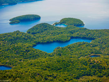 High angle view of plants and sea against sky