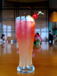 Side view of fruit juice on table