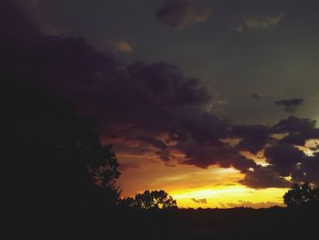 Low angle view of silhouette trees against dramatic sky