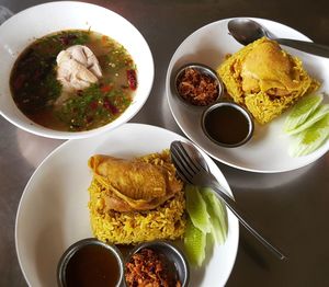 High angle view of breakfast served on table