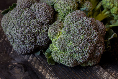 Freshly harvested organic barese broccoli, on black wooden background