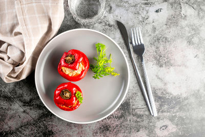 High angle view of food in plate on table