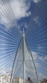 Low angle view of suspension bridge against cloudy sky