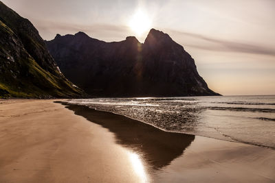 Scenic view of nordic sea at kvalvika beach during summertime.