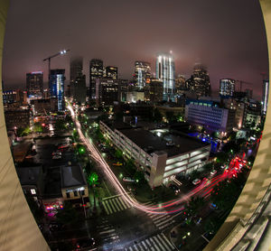 High angle view of illuminated cityscape at night