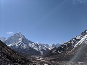 Scenic view of snowcapped mountains against clear blue sky