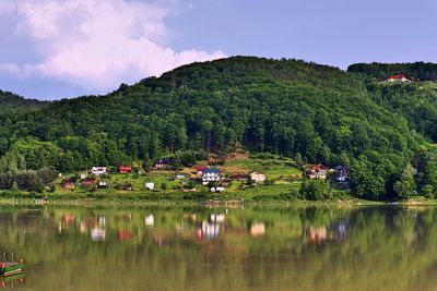 Scenic view of lake by trees and houses against sky