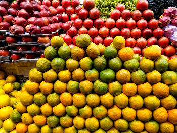 Full frame shot of apples and oranges at market stall