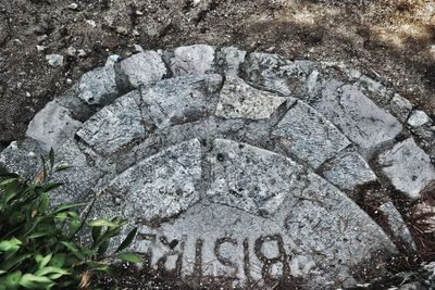 High angle view of text on street