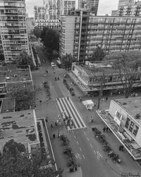 High angle view of street and buildings in city