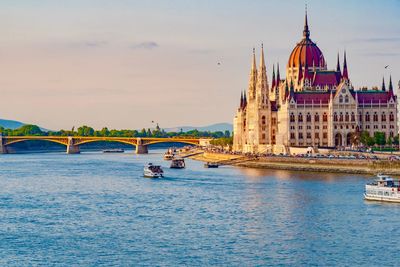 Hungarian parliament building by river against sky during sunset