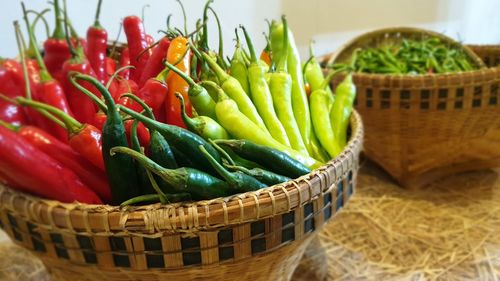 Close-up of chili peppers in basket