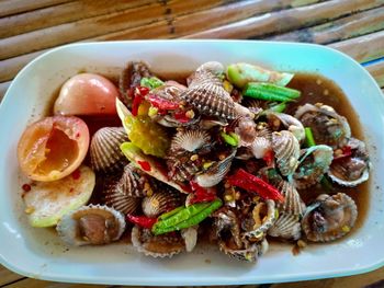 High angle view of food in plate on table