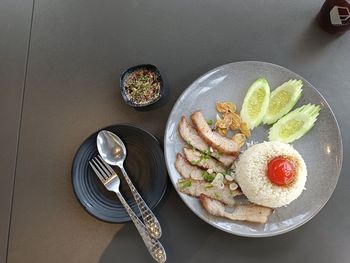 High angle view of food in plate on table