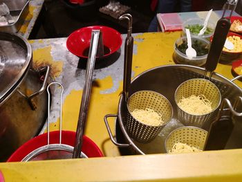 High angle view of meat in kitchen