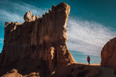 Rear view of people standing on rock by sea against sky