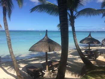 Panoramic view of sea and palm trees on beach against sky