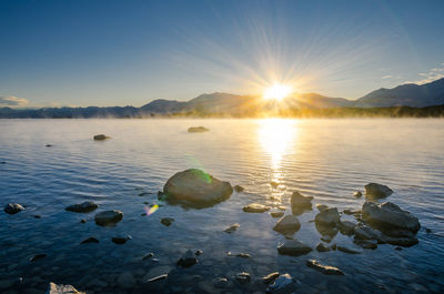 Scenic view of lake against sky during sunset