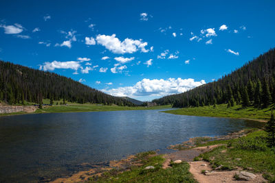 Scenic view of lake amidst trees in forest against sky