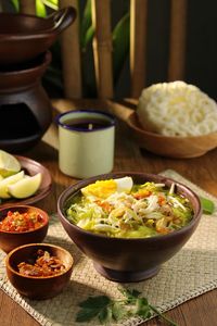 High angle view of food served on table