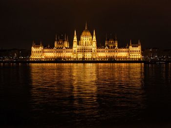 View of city lit up at night