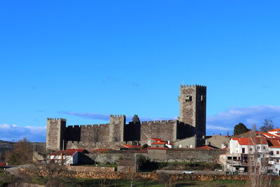 Buildings in city against clear blue sky