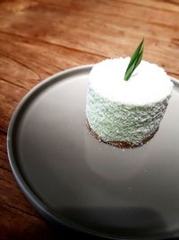 High angle view of cake in plate on table