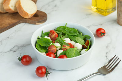 Salad of fresh vegetables and herbs with mozzarella