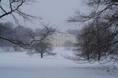 Bare trees on snow covered field against sky