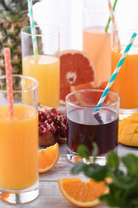 Freshly prepared pomegranate juice, among the juices of orange, grapefruit, pineapple, mango.